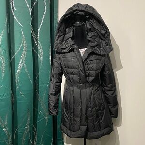 Cole Haan Charcoal Quilted Hooded Puffer Coat.